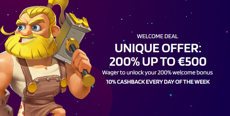 200% up to €500 + 10% cashback